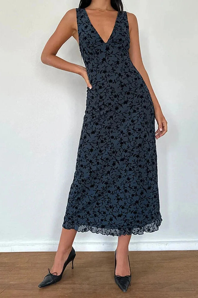 Glorol - Printed Deep V Neck Sleeveless Slim Maxi Dress