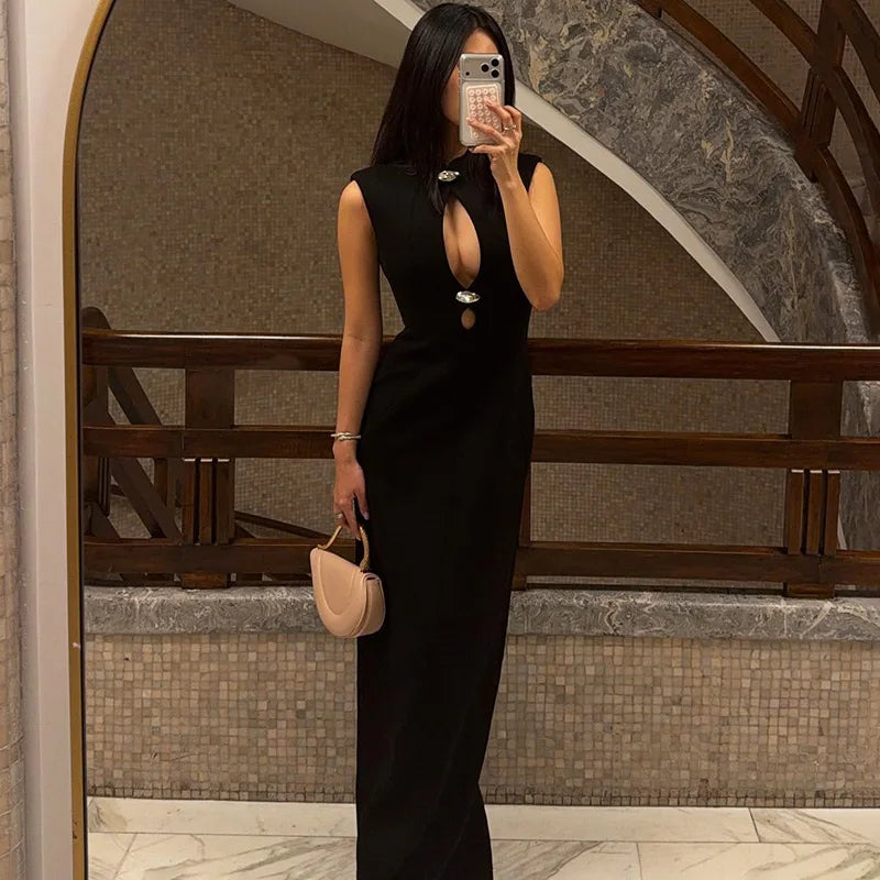 Glorol - Hollow Out Patchwork Sleeveless Maxi Dress