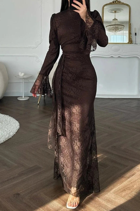 Glorol - Pleated Lace Slim High Waist Maxi Dress