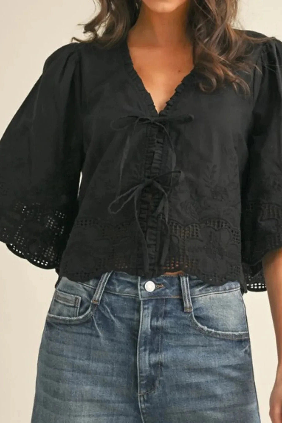 Glorol - Short Sleeve Loose Sleeve Patchwork Tie-Up Top