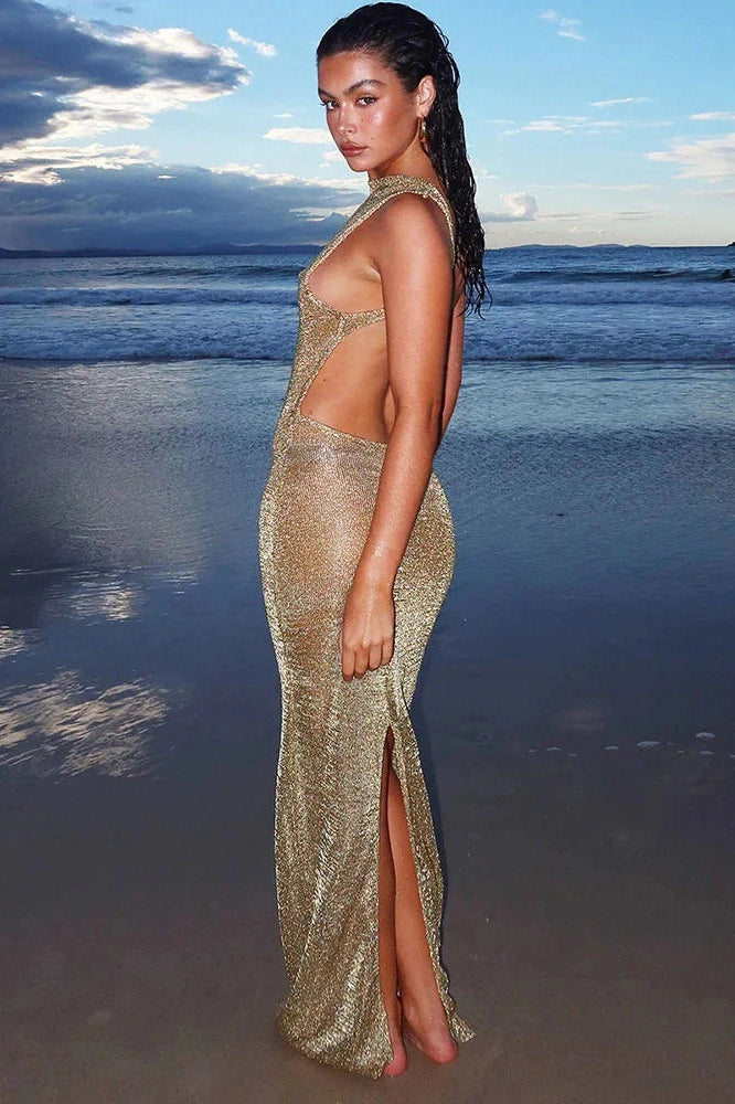 Glorol - Backless Slit Slim See-Through Maxi Dress