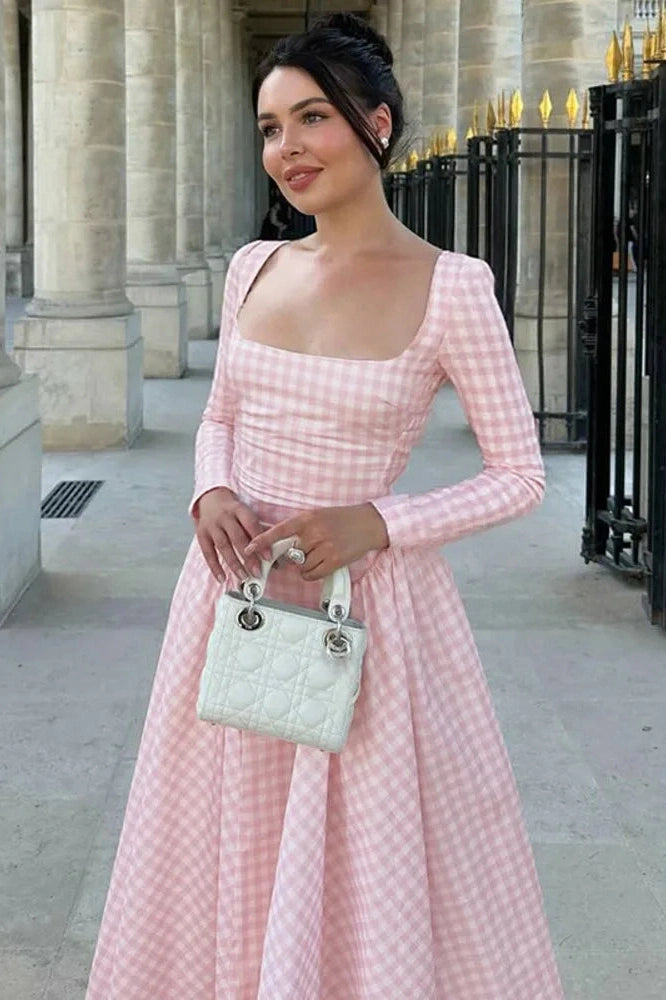 Glorol - Plaid Long Sleeve Pleated Square Collar High Waist A-line Midi Dress