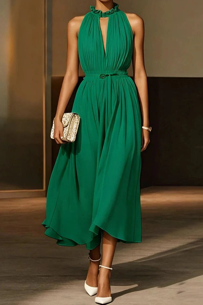 Glorol - Elegant Off-Shoulder Sleeveless High Waist Backless Pleated Midi Dress