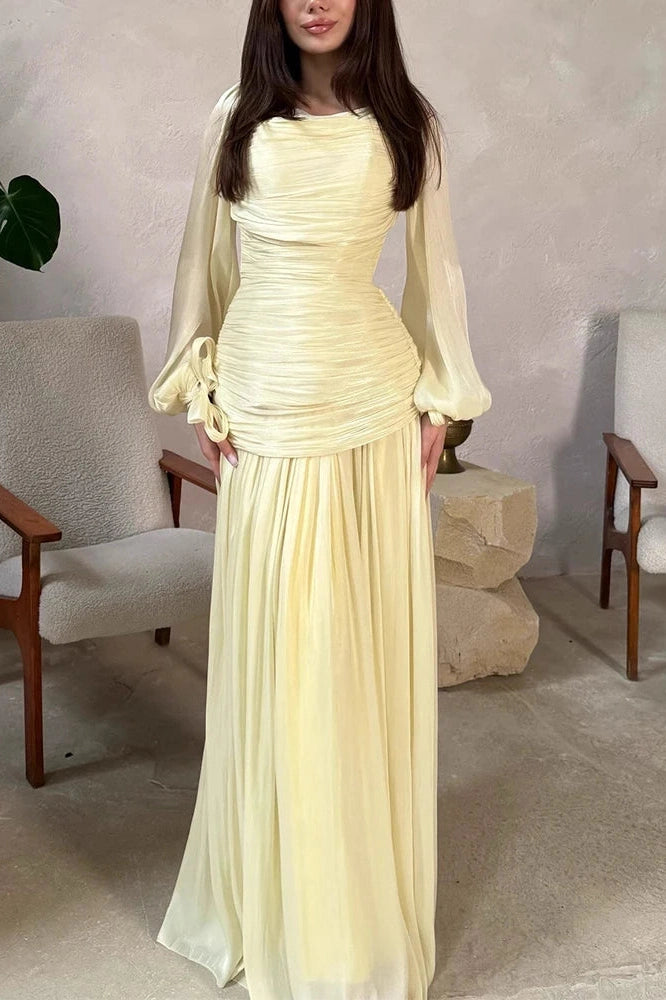 Glorol - Long Sleeve O-Neck High Waist Pleated Maxi Dress