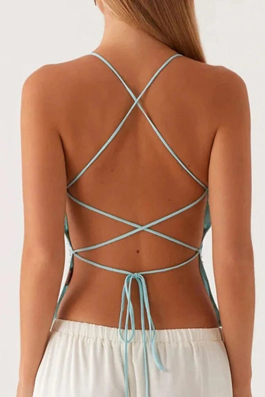 Glorol - Sleeveless Backless Lace Up V Neck Slim Fit Top