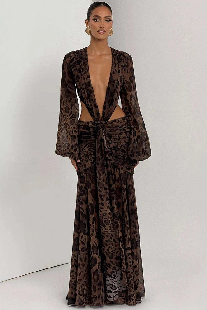 Glorol - Hollow Out Printed Long Sleeve Backless Bodycon Maxi Dress