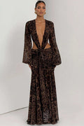 Glorol - Hollow Out Printed Long Sleeve Backless Bodycon Maxi Dress