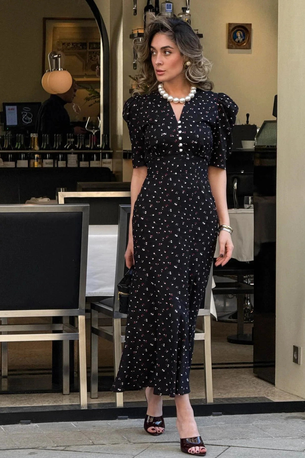 Glorol - Elegant Printed Puff Sleeve V-Neck High Waist Maxi Dress