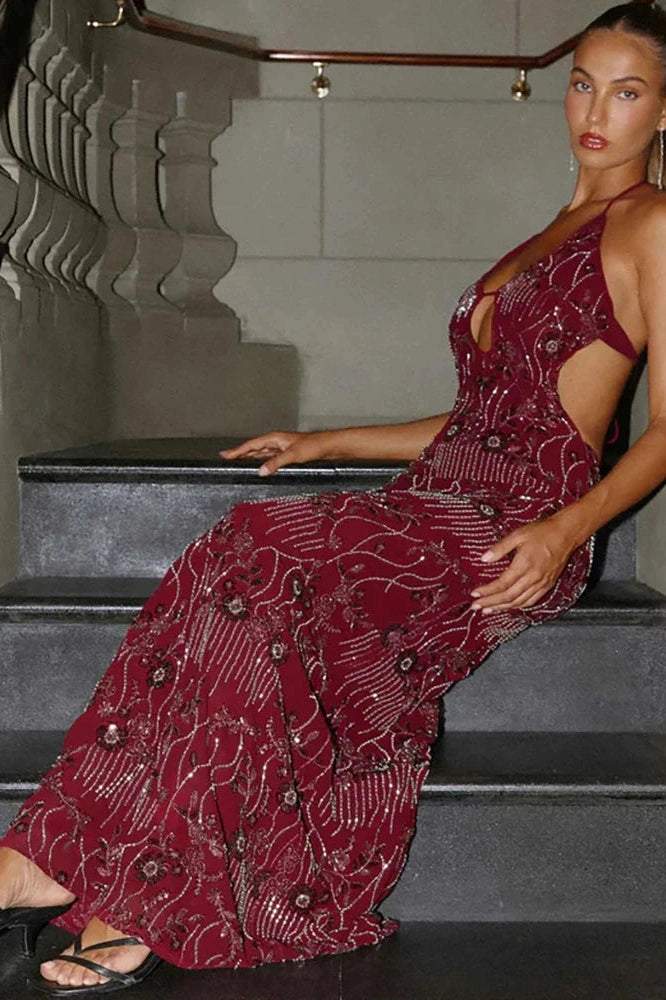 Glorol - Hollow Out Backless Sleeveless Bodycon Maxi Dress