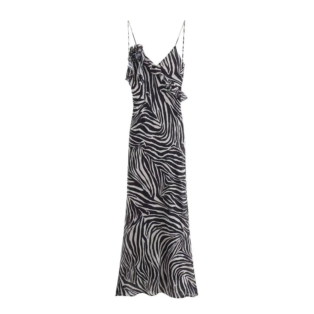 V Neck Printed Spaghetti Strap Slim Maxi Dress
