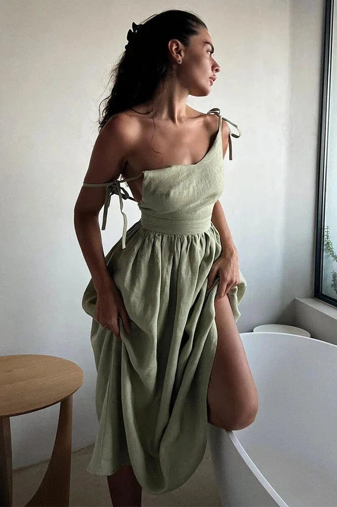 Glorol - Elegant Backless V Neck Midi Dress