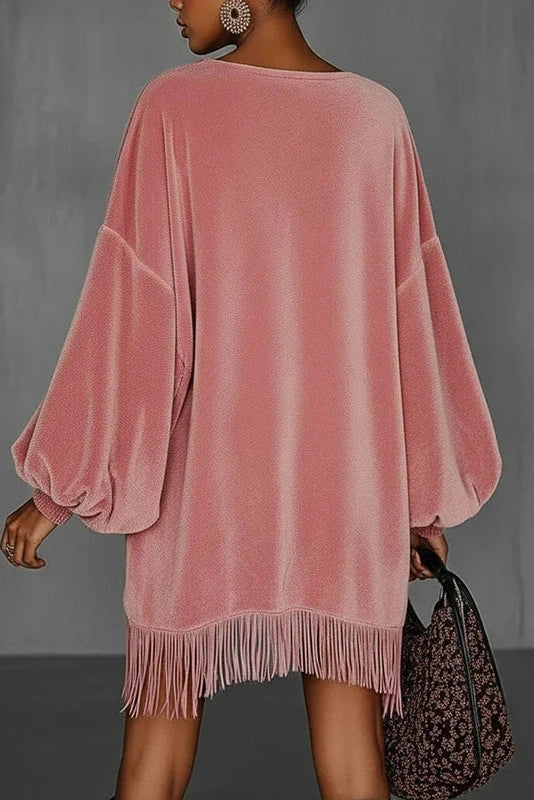 Glorol - Elegant O-Neck Long Sleeve Loose A-Line High Waist Mini Dress