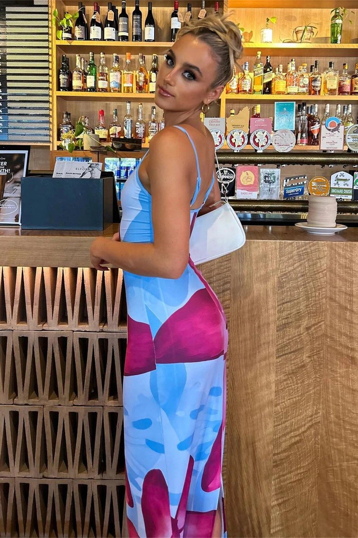 Glorol - Spaghetti Strap Printed Backless Bodycon Maxi Dress
