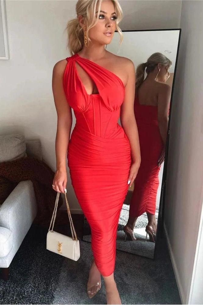 Glorol - Elegant One Shoulder Sleeveless Backless Midi Dress