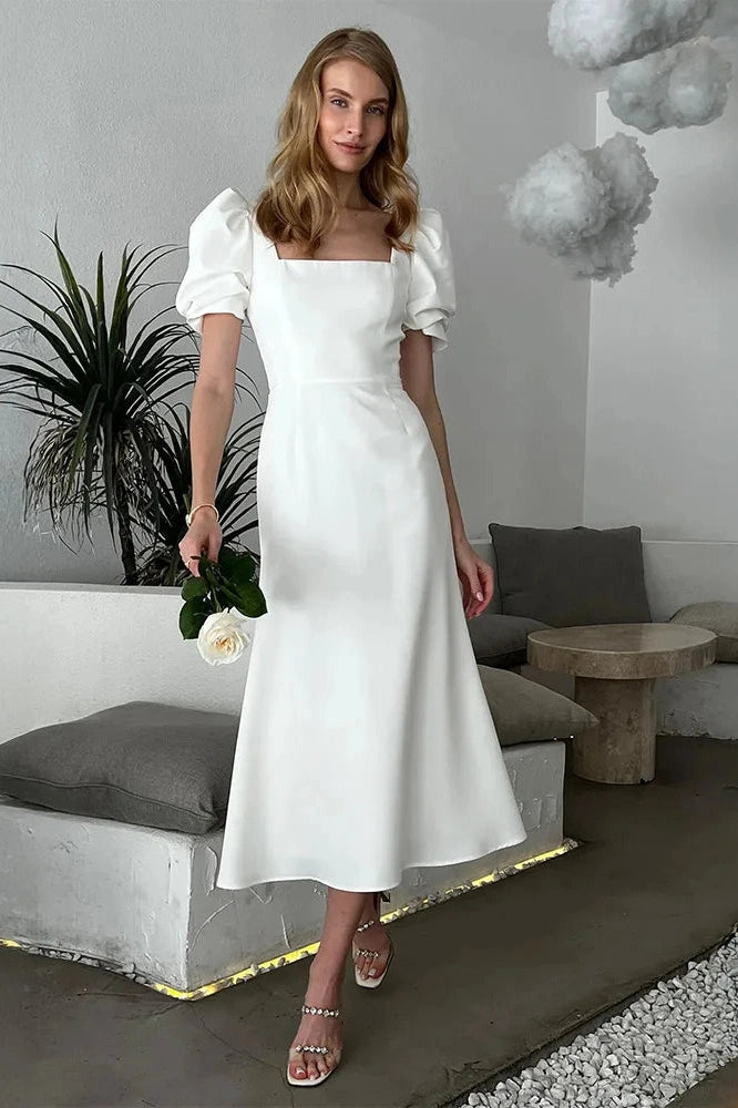 Glorol - Elegant Square-Neck Short-Sleeved Slim Midi Dress