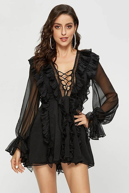 Glorol - Elegant Lace Deep V Neck Mini Dress