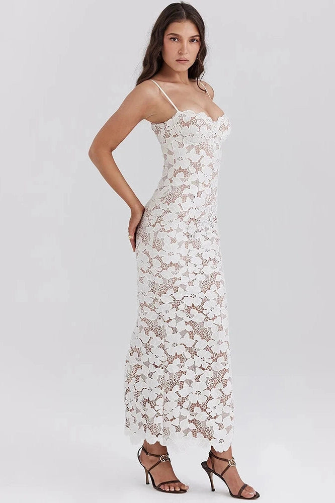 Glorol - Floral Embroidery Spaghetti Strap Sleeveless Maxi Dress
