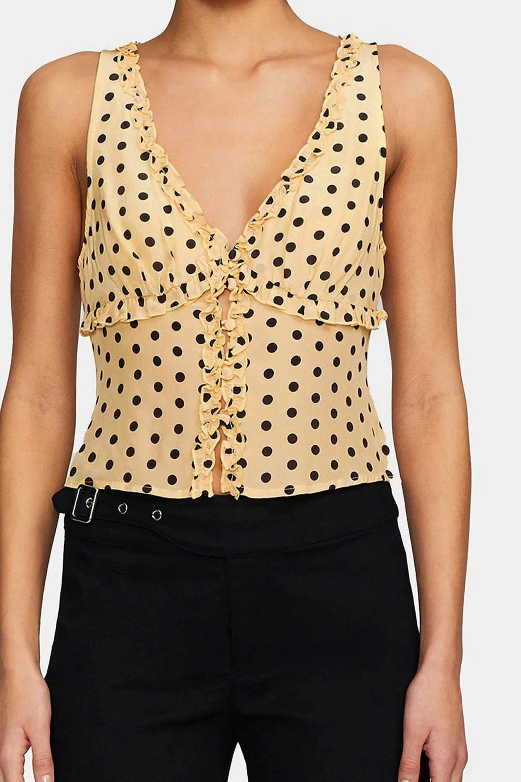Glorol - Dot Print Deep V-Neck Sleeveless Slim Top