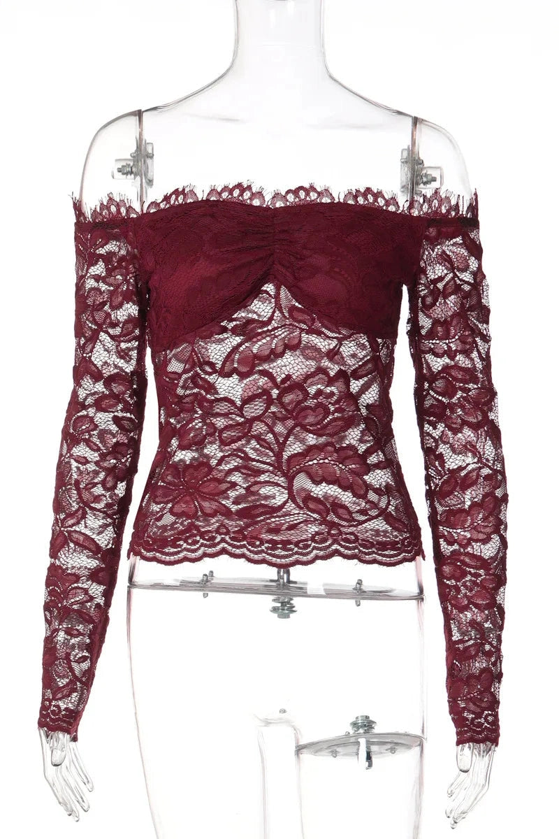 Glorol - Hollow-Out Off-Shoulder Lace Slim Long-Sleeve Top