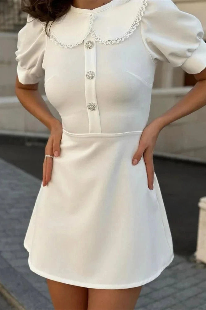 Glorol - Elegant Patchwork Short Sleeve Lace-Up Mini Dress