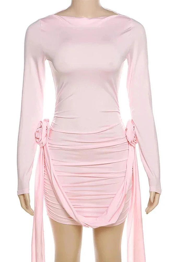 Glorol - Pleated Long Sleeve Slim Patchwork Mini Dress