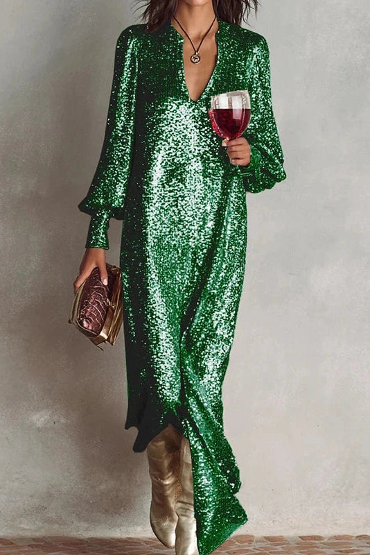 Glorol - Elegant Long Sleeve V Neck Maxi Dress