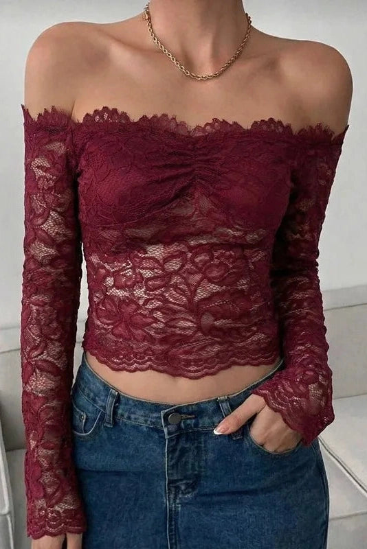 Glorol - Hollow-Out Off-Shoulder Lace Slim Long-Sleeve Top