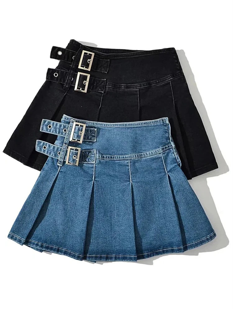 Glorol - Pleats Belt High Street Jeans Skirt
