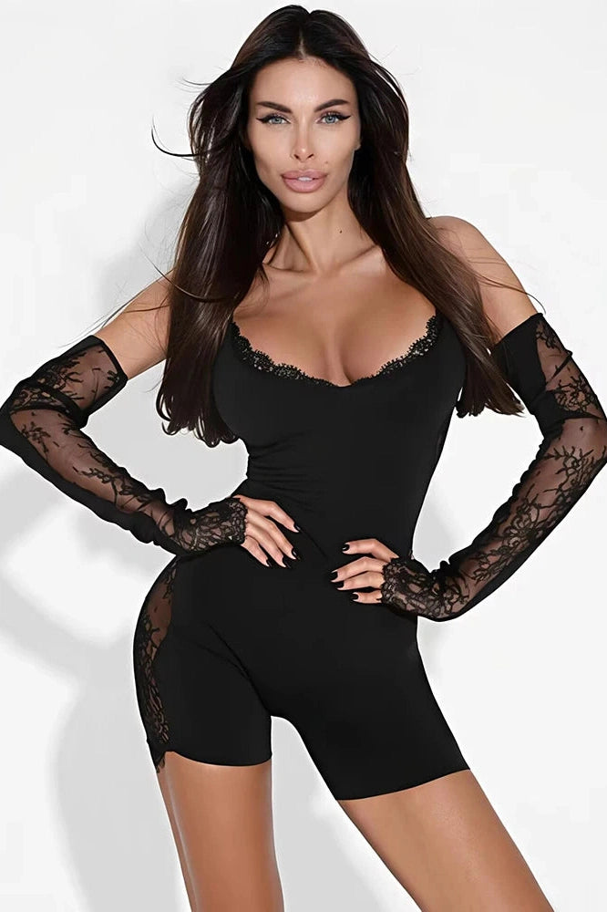 Glorol - Lace Long Sleeve Patchwork Off-Shoulder Backless Jumpsuit