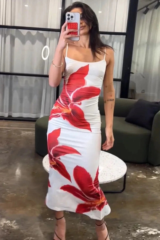 Glorol - Printed Slim High Waist Spaghetti Straps Patchwork Maxi Dress