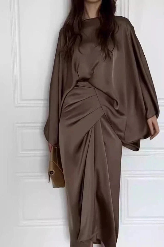 Glorol - Elegant Tie-up Waisted O Neck Sleeves Maxi Dress