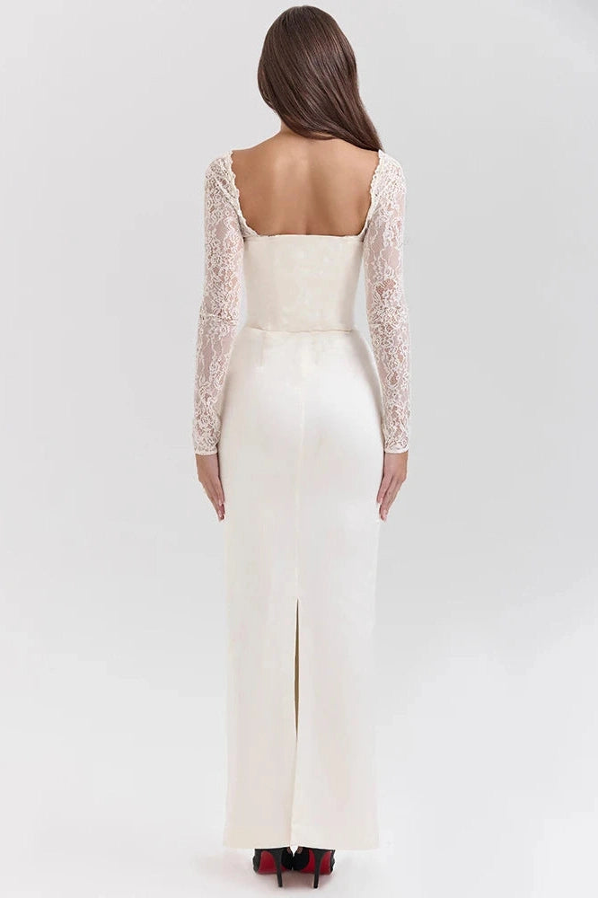 Glorol - Lace Long Sleeve Square Collar Backless Maxi Dress
