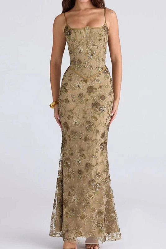 Glorol - Hollow Out Lace Embroidery Slim Backless Maxi Dress