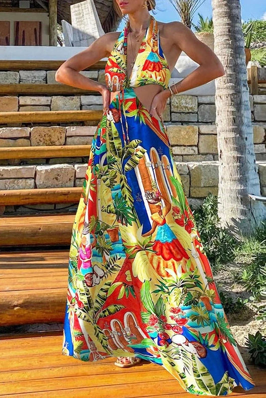 Glorol - Hollow Out Sleeveless Lace-up Printed Maxi Dress