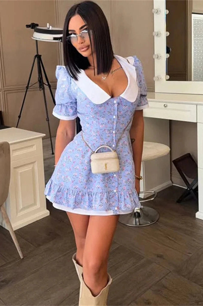 Glorol - Printed Slim Short Sleeve Bodycon Mini Dress