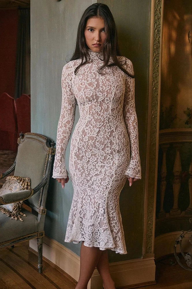 Glorol - Lace Long Sleeve High Waist Bodycon Midi Dress