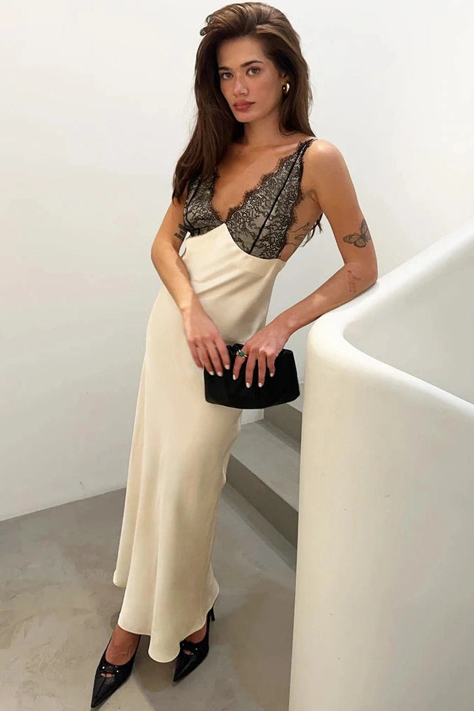Glorol - Spaghetti Strap Lace Patchwork Deep V Neck Sleeveless Split Maxi Dress
