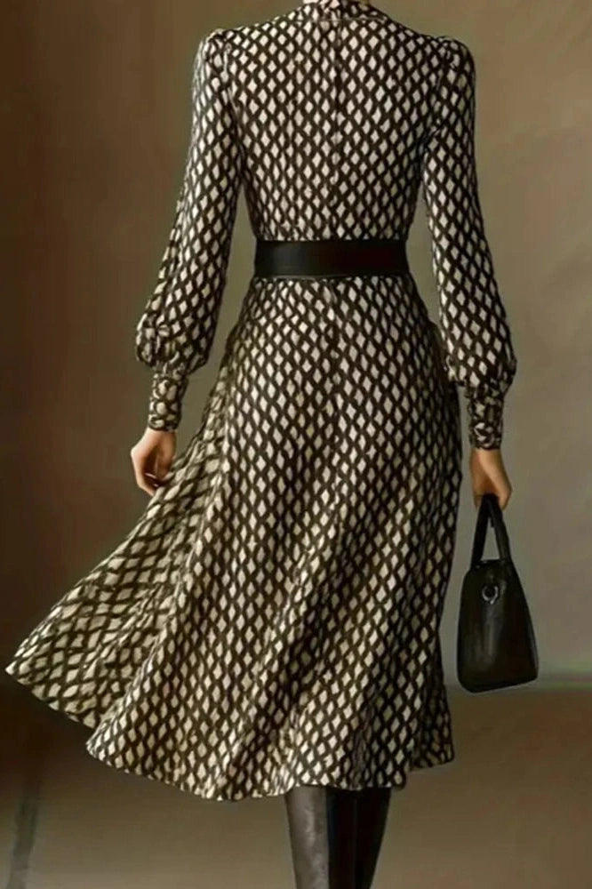Glorol - Elegant Pleated High Waist Printed Long Sleeve Midi Dress