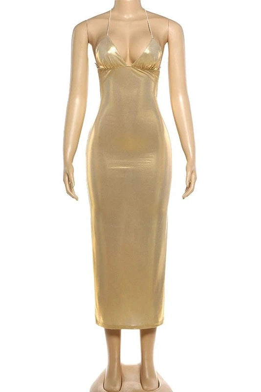 Glorol - Elegant Backless Slim V-Neck High Waist Maxi Dress