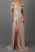 Glorol - Pleated Off Shoulder High Waist Split Maxi Dress