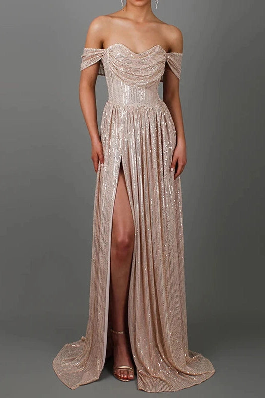 Glorol - Pleated Off Shoulder High Waist Split Maxi Dress