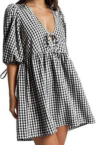 Glorol - Short Sleeve V Neck Plaid Mini Dress