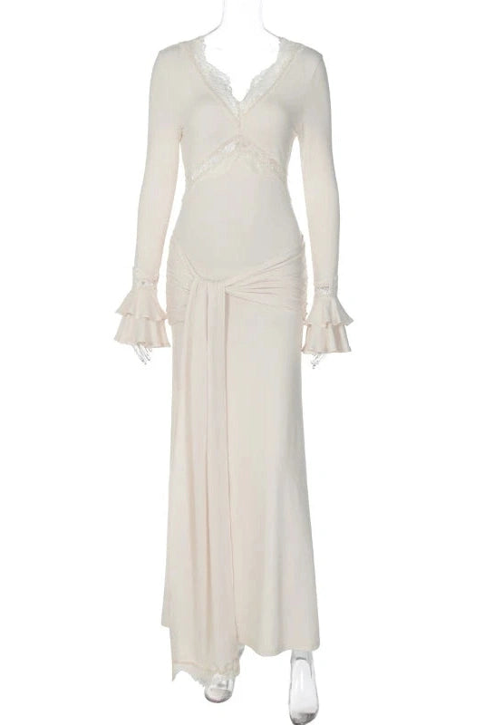 Glorol - Lace V-Neck Sleeves Patchwork Slim Maxi Dress