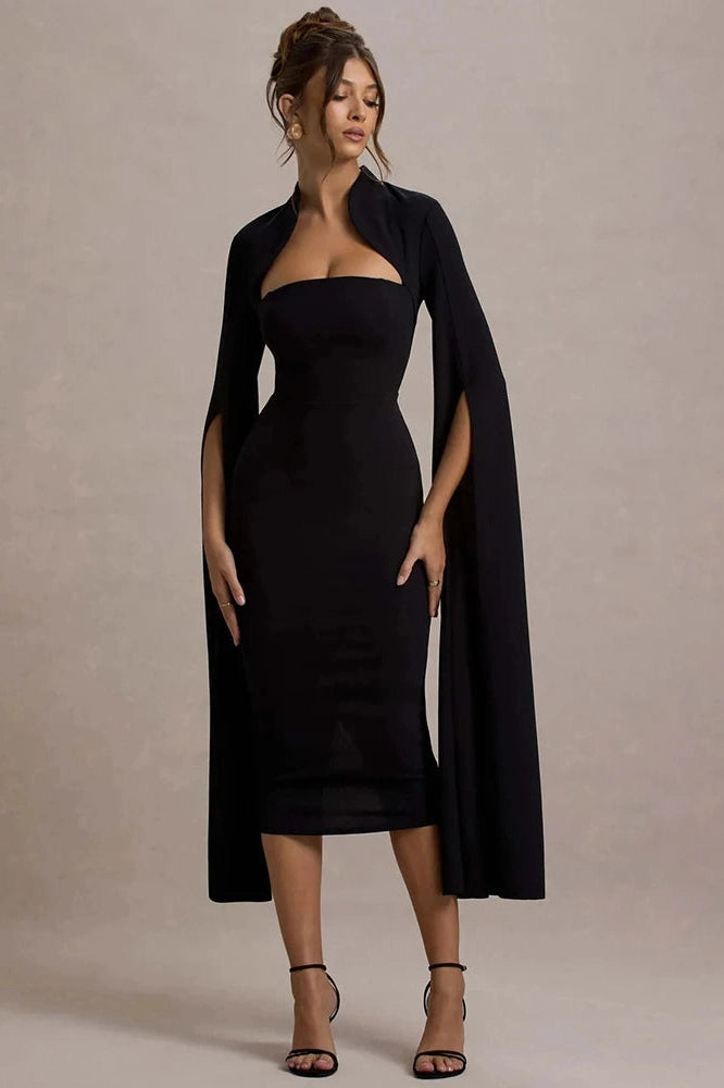 Glorol - Long Sleeve Square Collar Back Slit Bodycon Midi Dress