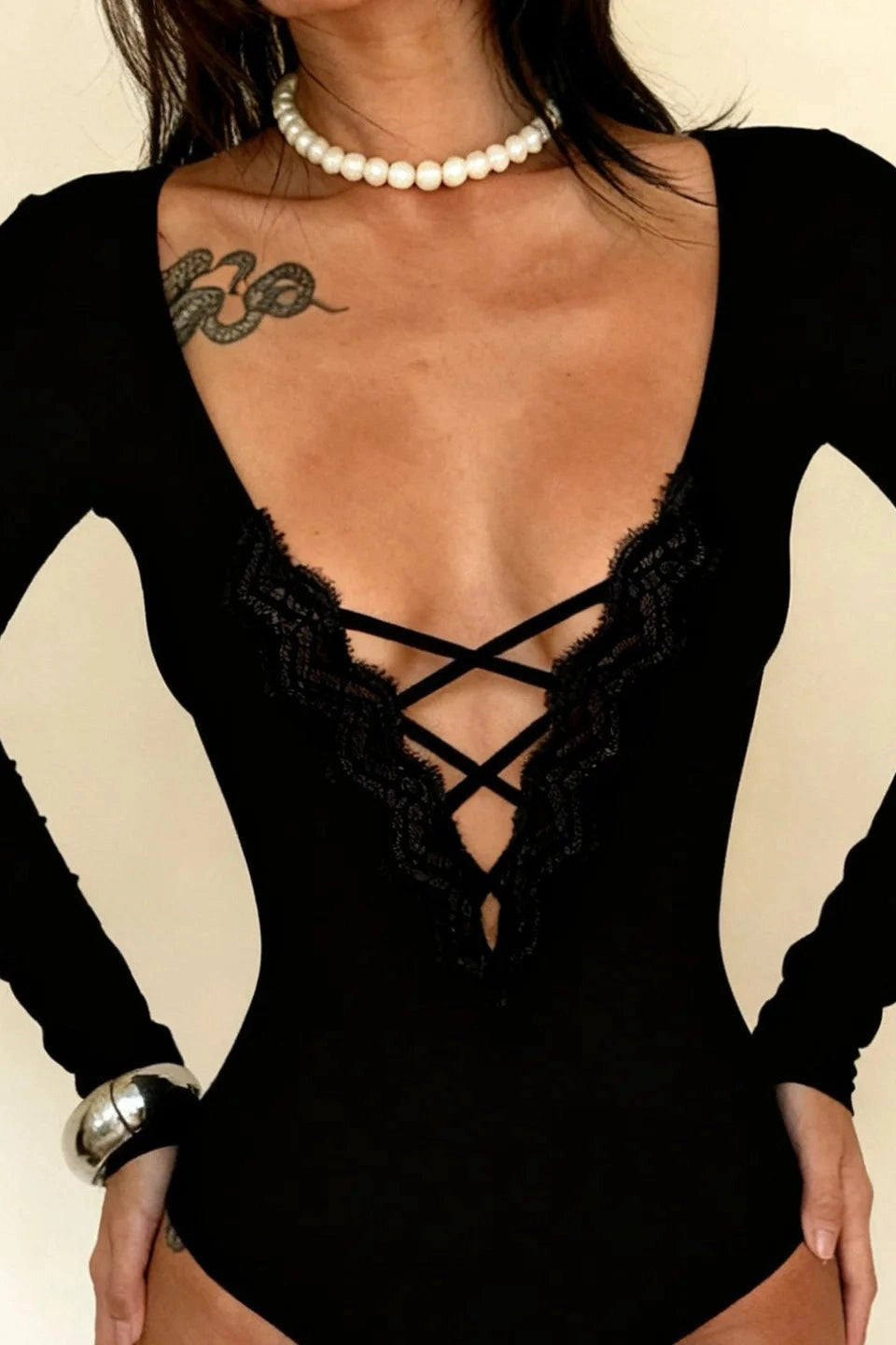 Glorol - Deep V-Neck Lace Patchwork Jumpsuit