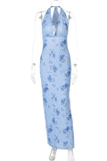 Glorol - Backless Printed Deep V Neck Sleeveless Bodycon Maxi Dress