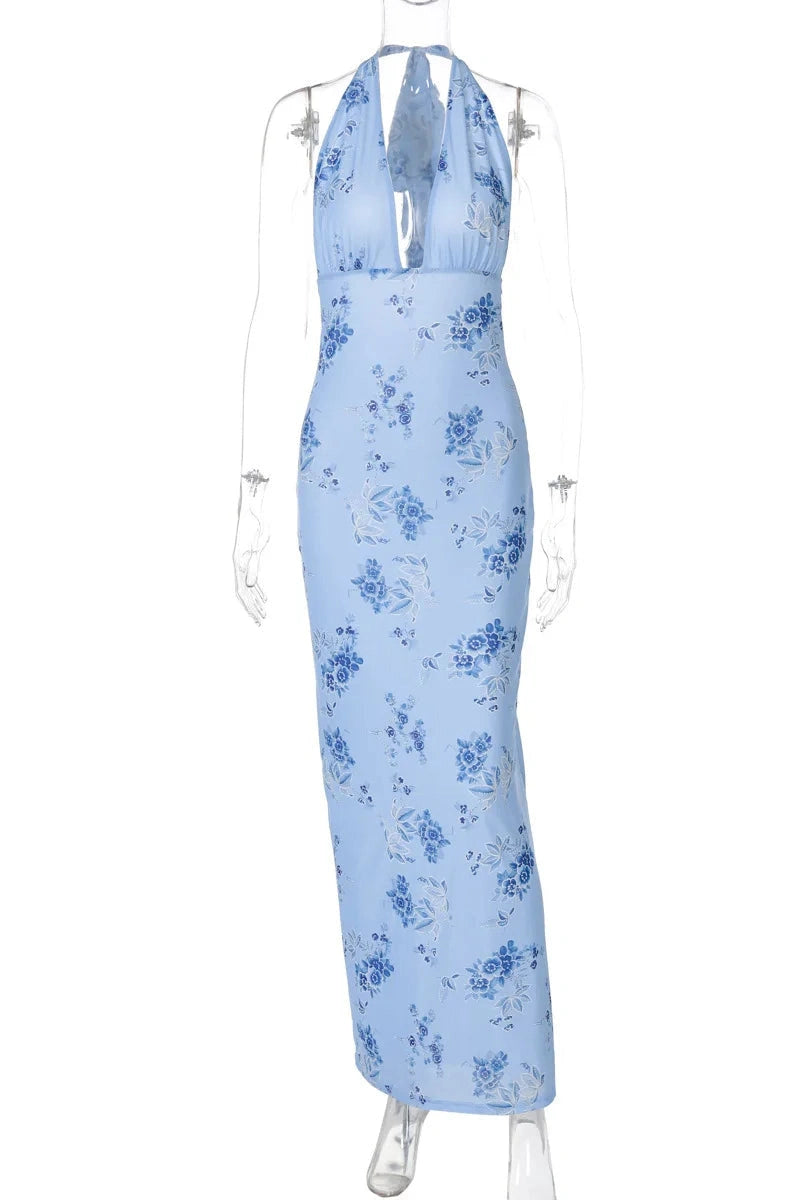 Glorol - Backless Printed Deep V Neck Sleeveless Bodycon Maxi Dress