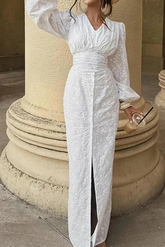 Glorol - Elegant Hollow Out V-Neck High Waist Lantern Sleeve Maxi Dress