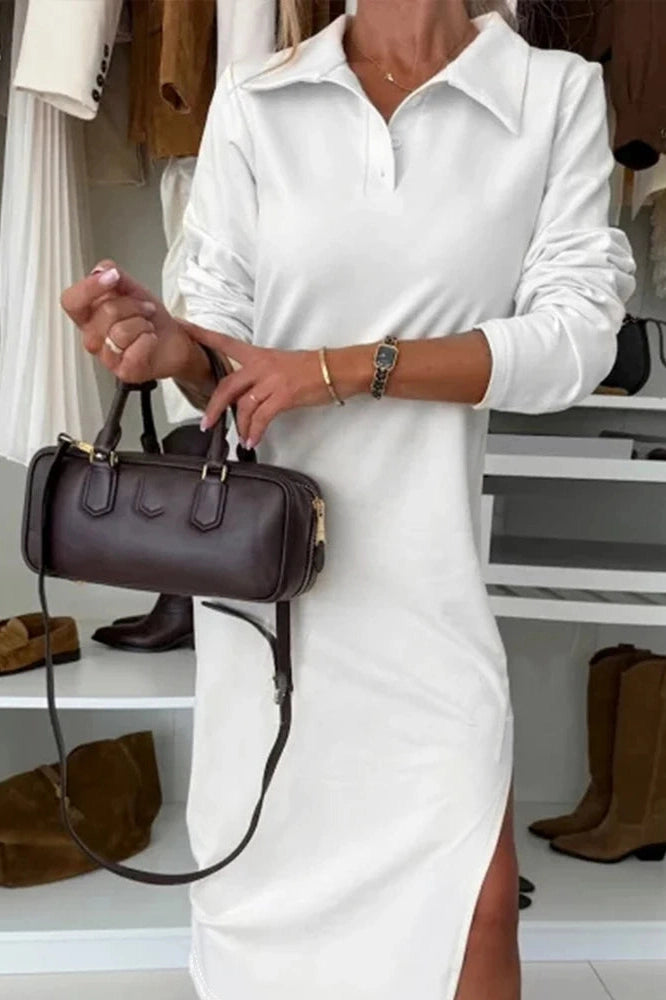 Glorol - Elegant High Waist Loose A-Line Long Sleeve Midi Dress