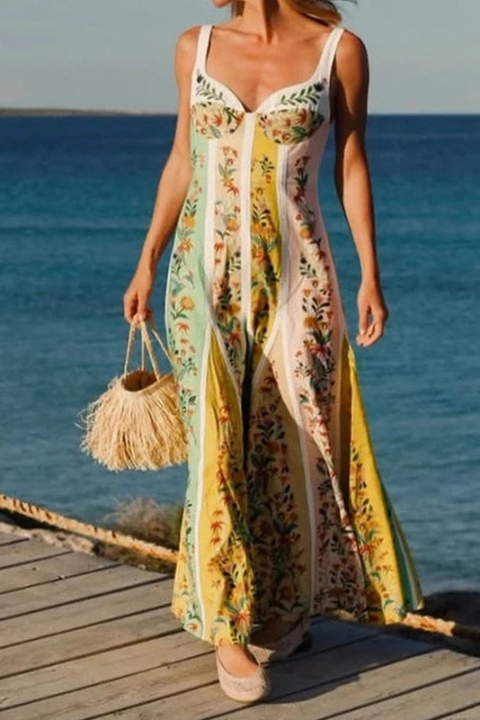 Glorol - Floral Printed Slim High Waist Sleeveless Pleated Maxi Dress